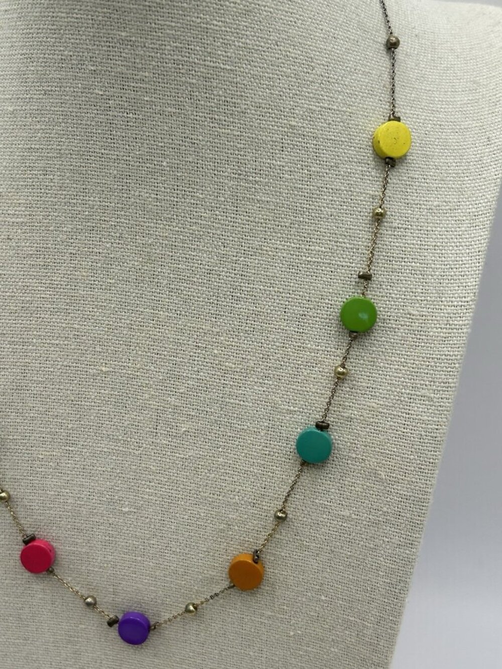 Vintage Colorful Painted Metal Bead Necklace Gold Tone Chain Boho Mod Retro Fun - Picture 4 of 16